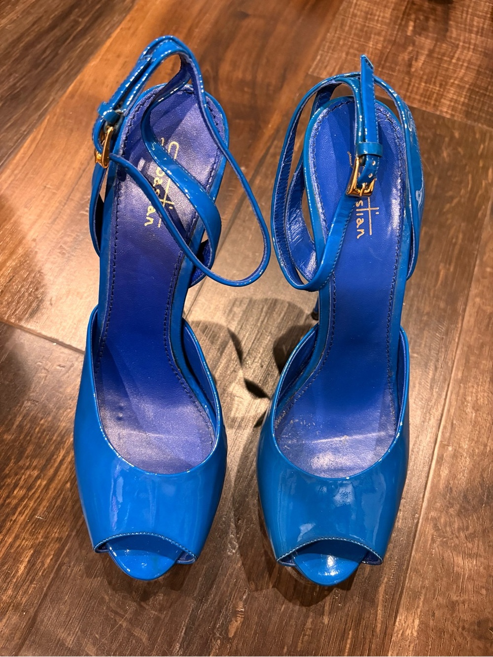Sebastian Milano Bright Blue Patent Peep-Toe Ankle-Strap Heels